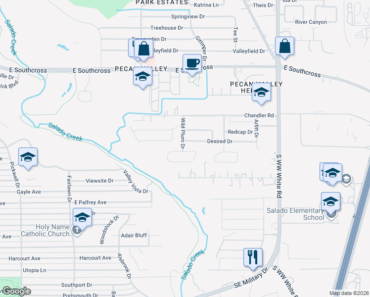 map of restaurants, bars, coffee shops, grocery stores, and more near 4214 Desert Gold Drive in San Antonio