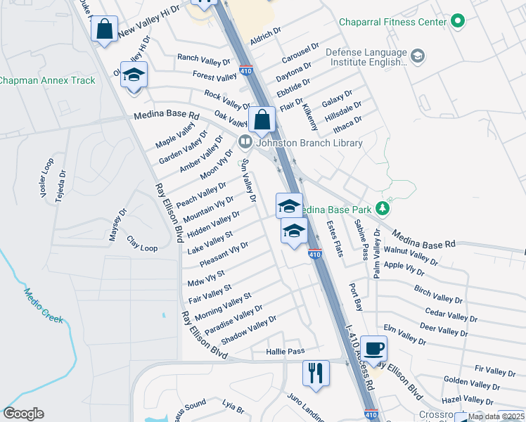 map of restaurants, bars, coffee shops, grocery stores, and more near 6514 Sun Valley Drive in San Antonio