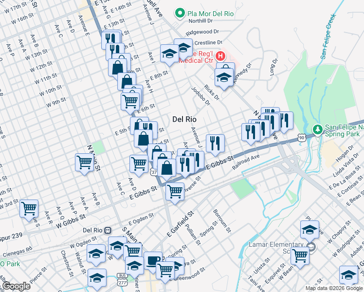 map of restaurants, bars, coffee shops, grocery stores, and more near 706 East 2nd Street in Del Rio
