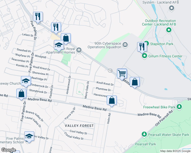 map of restaurants, bars, coffee shops, grocery stores, and more near 5535 Knoll Krest Drive in San Antonio
