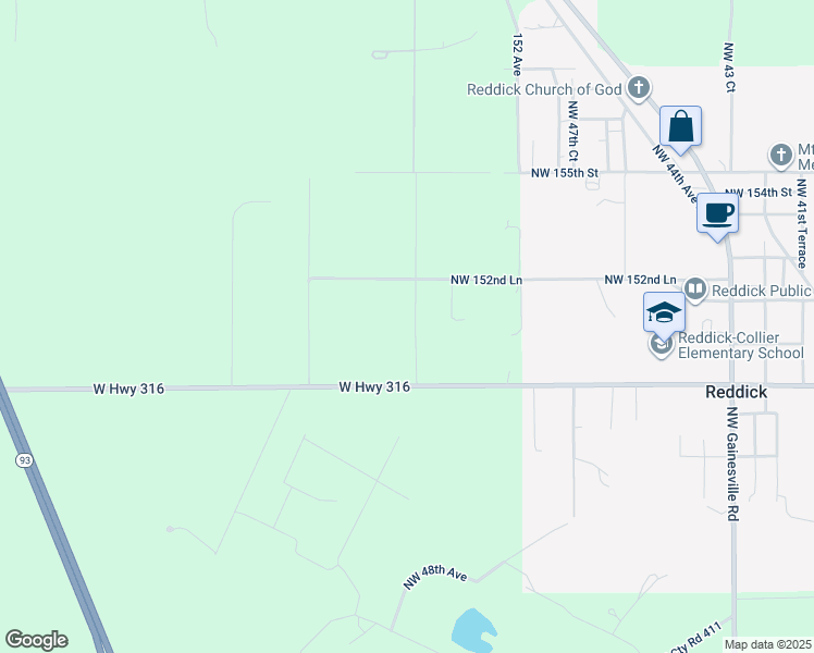 map of restaurants, bars, coffee shops, grocery stores, and more near 15150 Northwest 52 Avenue in Reddick