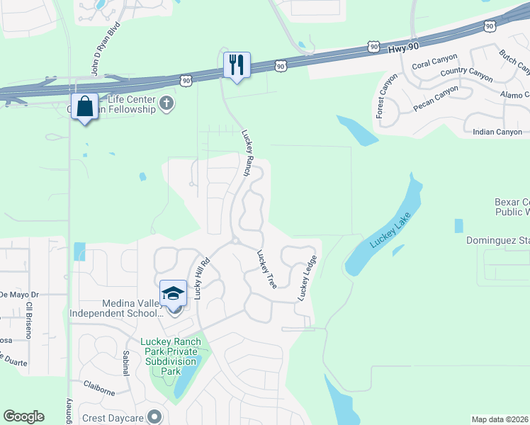 map of restaurants, bars, coffee shops, grocery stores, and more near 6231 Luckey Run in San Antonio
