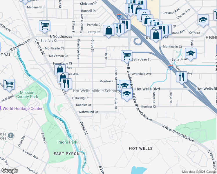 map of restaurants, bars, coffee shops, grocery stores, and more near 326 Hot Wells Boulevard in San Antonio