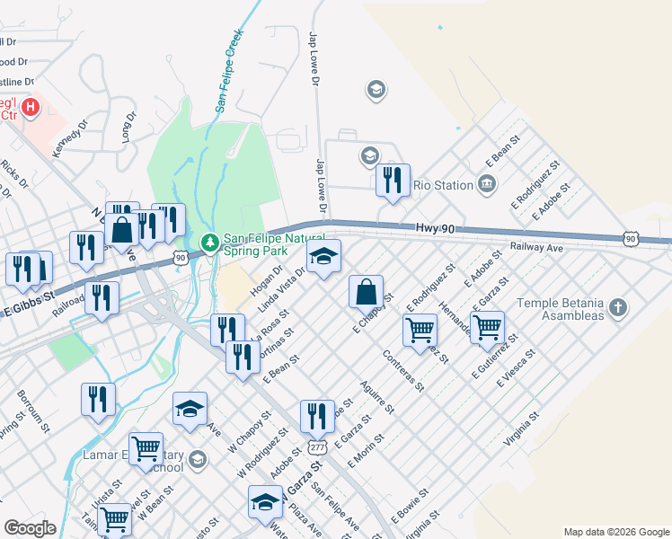 map of restaurants, bars, coffee shops, grocery stores, and more near 408 E Cortinas St in Del Rio