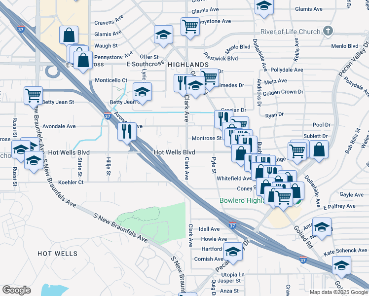 map of restaurants, bars, coffee shops, grocery stores, and more near 902 Hot Wells Boulevard in San Antonio