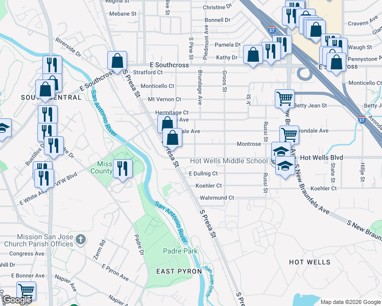 map of restaurants, bars, coffee shops, grocery stores, and more near 200 Hot Wells Boulevard in San Antonio