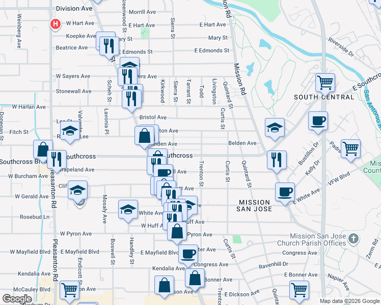 map of restaurants, bars, coffee shops, grocery stores, and more near 503 East Southcross in San Antonio