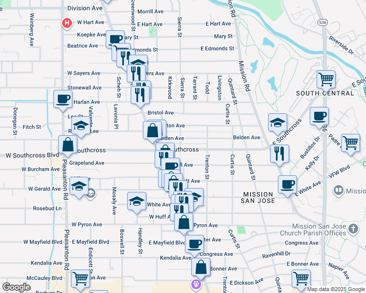 map of restaurants, bars, coffee shops, grocery stores, and more near 503 East Southcross in San Antonio