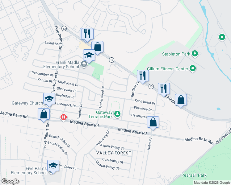 map of restaurants, bars, coffee shops, grocery stores, and more near 5607 Knoll Krest Drive in San Antonio