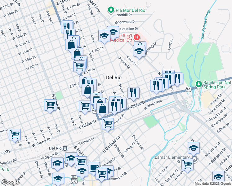 map of restaurants, bars, coffee shops, grocery stores, and more near 706 East 2nd Street in Del Rio