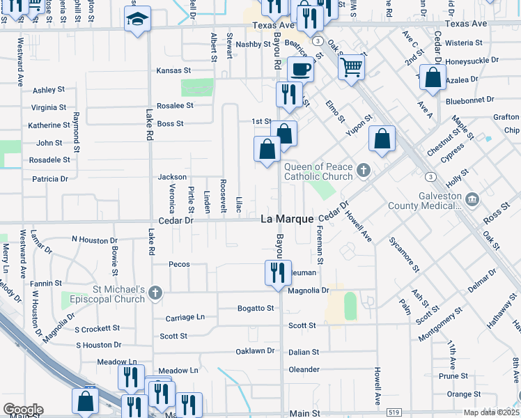 map of restaurants, bars, coffee shops, grocery stores, and more near 1115 Cora Street in La Marque