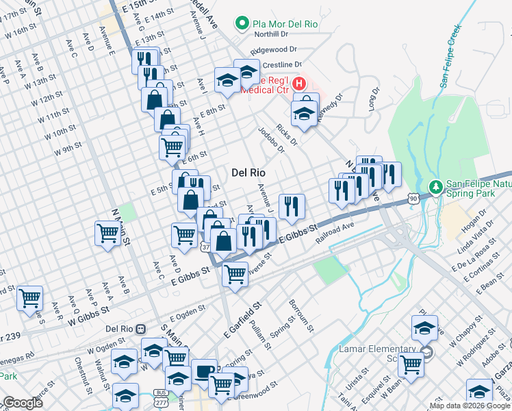 map of restaurants, bars, coffee shops, grocery stores, and more near 706 East 2nd Street in Del Rio