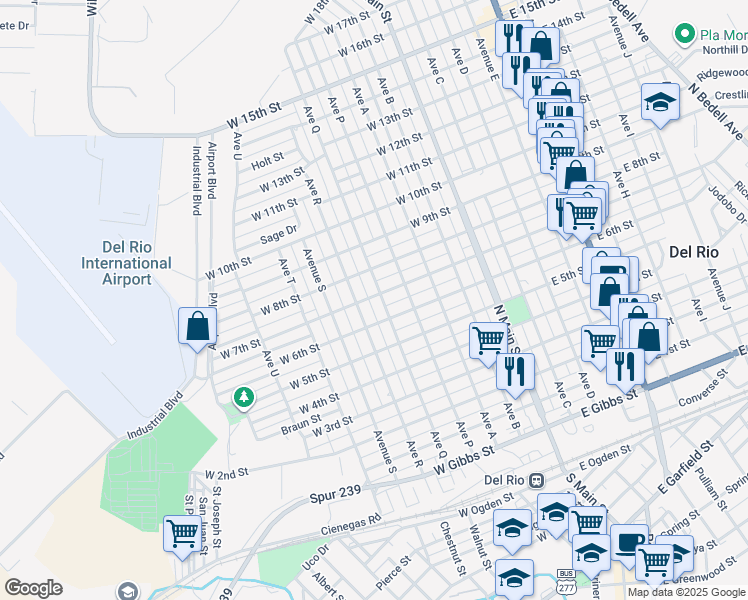 map of restaurants, bars, coffee shops, grocery stores, and more near 705 Avenue R in Del Rio