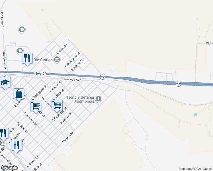 map of restaurants, bars, coffee shops, grocery stores, and more near 1011 East Bowie Street in Del Rio