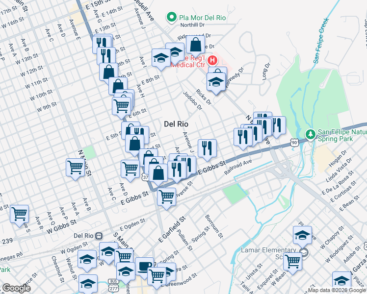 map of restaurants, bars, coffee shops, grocery stores, and more near 300-348 Avenue J in Del Rio