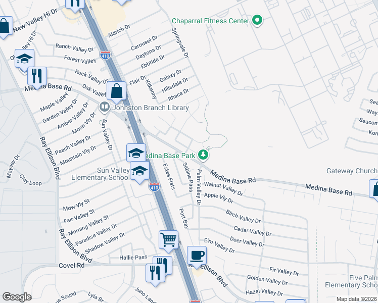 map of restaurants, bars, coffee shops, grocery stores, and more near 6930 Heathers Way in San Antonio