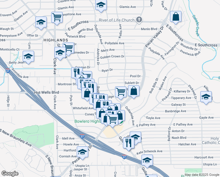 map of restaurants, bars, coffee shops, grocery stores, and more near 203 Howerton Drive in San Antonio