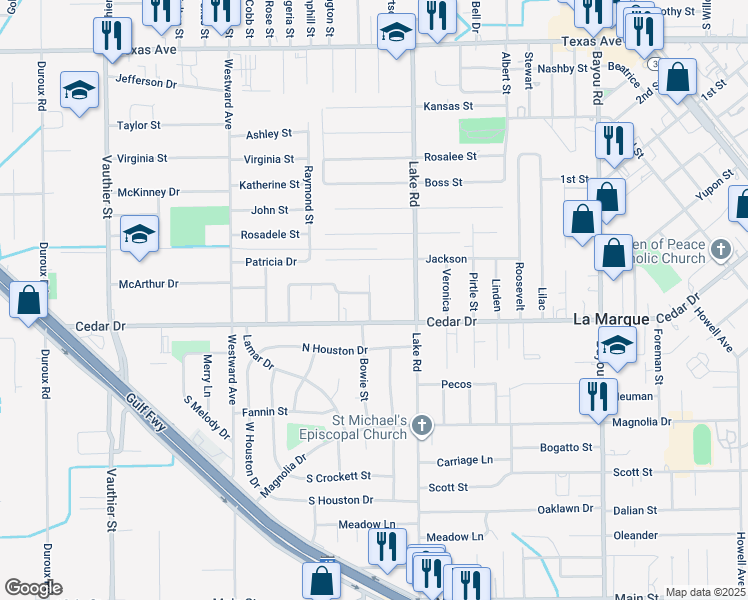 map of restaurants, bars, coffee shops, grocery stores, and more near 1020 Margot Street in La Marque