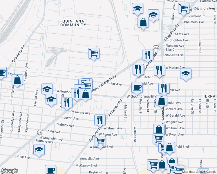 map of restaurants, bars, coffee shops, grocery stores, and more near 382 Texas 353 Loop in San Antonio