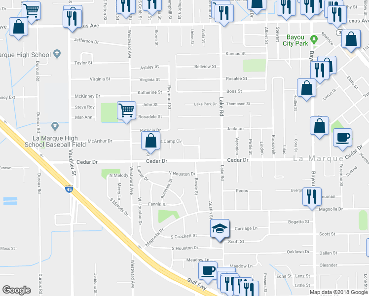 map of restaurants, bars, coffee shops, grocery stores, and more near 2629 North Camp Circle in La Marque