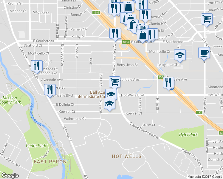 map of restaurants, bars, coffee shops, grocery stores, and more near 427 Montrose in San Antonio