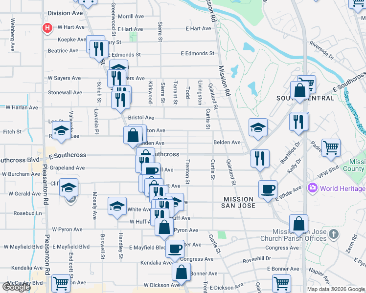 map of restaurants, bars, coffee shops, grocery stores, and more near 305 Belden Avenue in San Antonio