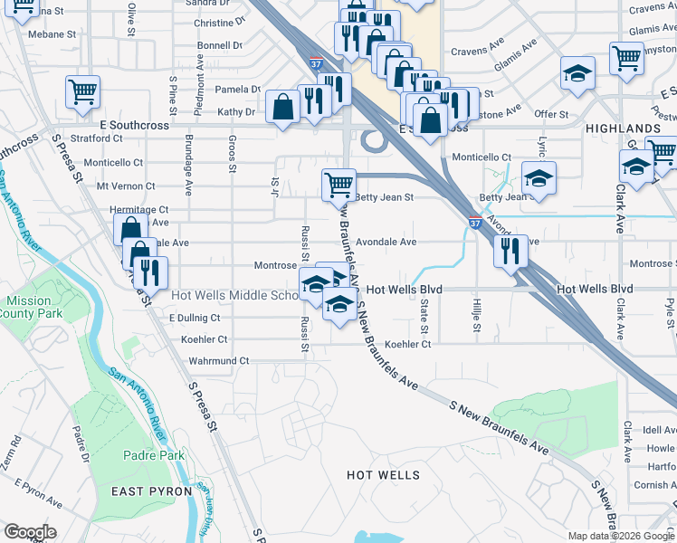 map of restaurants, bars, coffee shops, grocery stores, and more near 427 Montrose in San Antonio