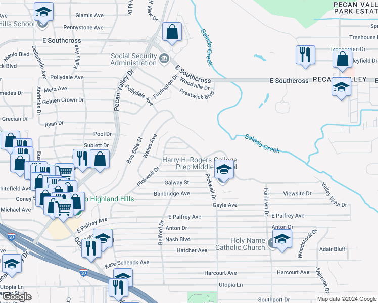 map of restaurants, bars, coffee shops, grocery stores, and more near 142 Dublin Avenue in San Antonio