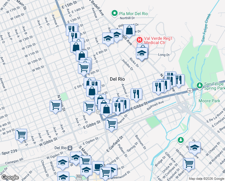 map of restaurants, bars, coffee shops, grocery stores, and more near East 3rd Street in Del Rio