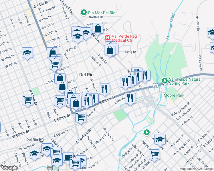 map of restaurants, bars, coffee shops, grocery stores, and more near 1006 East 2nd Street in Del Rio