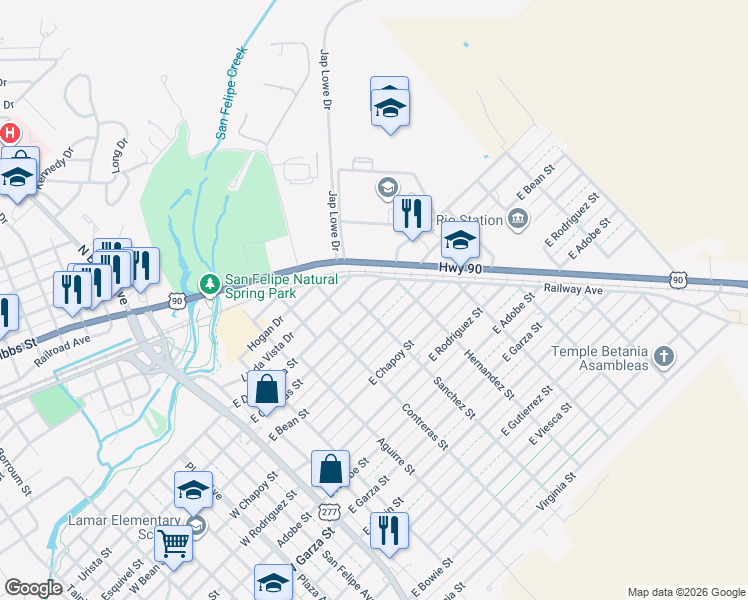 map of restaurants, bars, coffee shops, grocery stores, and more near 515 East De La Rosa Street in Del Rio