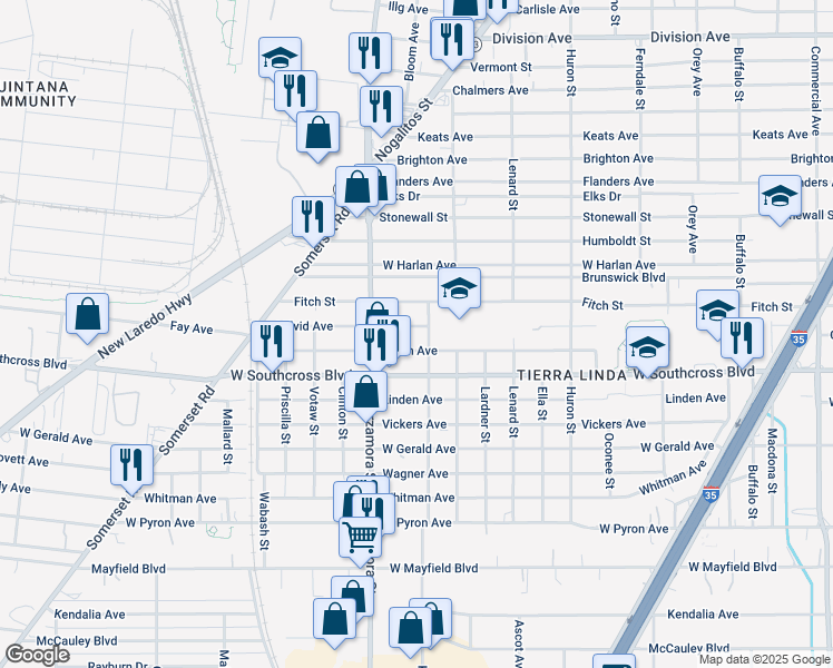 map of restaurants, bars, coffee shops, grocery stores, and more near 703 Milvid Avenue in San Antonio