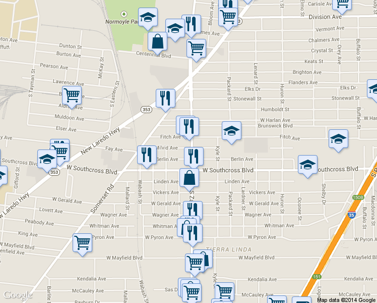 map of restaurants, bars, coffee shops, grocery stores, and more near 923 Milvid Avenue in San Antonio