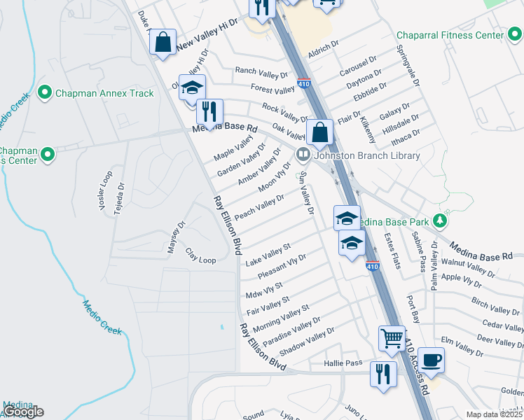 map of restaurants, bars, coffee shops, grocery stores, and more near 155 Peach Valley Drive in San Antonio