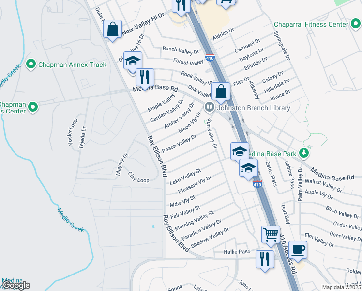 map of restaurants, bars, coffee shops, grocery stores, and more near 155 Peach Valley Drive in San Antonio