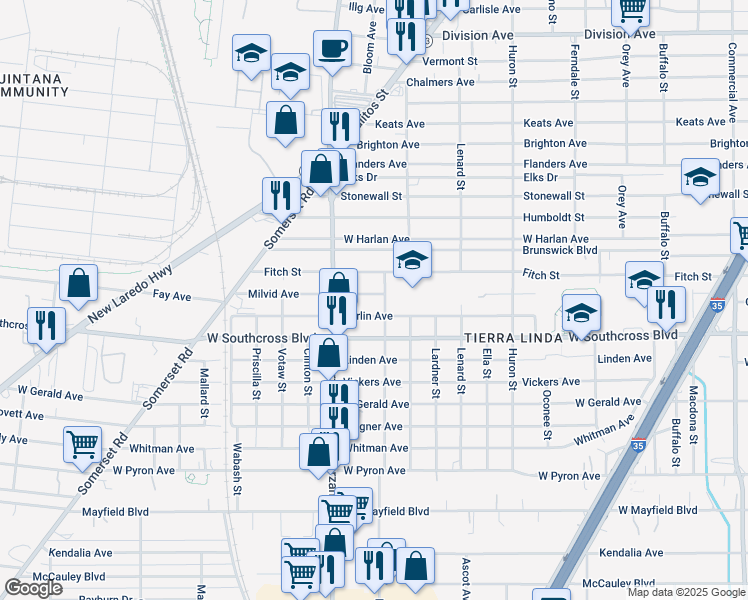map of restaurants, bars, coffee shops, grocery stores, and more near 703 Milvid Avenue in San Antonio