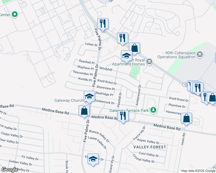 map of restaurants, bars, coffee shops, grocery stores, and more near 6018 Knoll Krest Drive in San Antonio