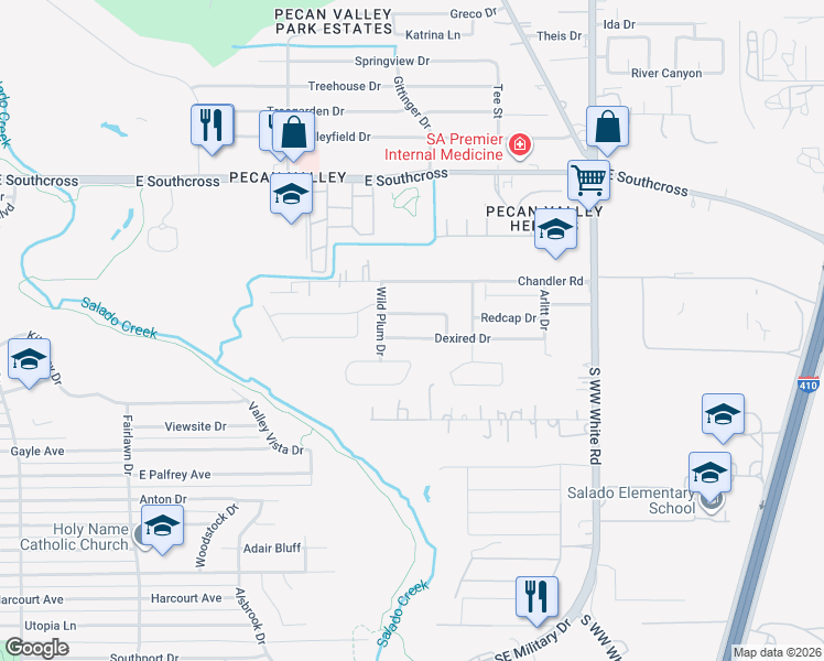 map of restaurants, bars, coffee shops, grocery stores, and more near 4214 Apple Tree Street in San Antonio
