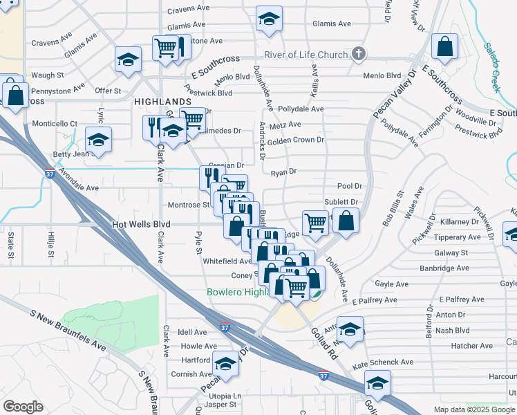 map of restaurants, bars, coffee shops, grocery stores, and more near 115 Bushick Drive in San Antonio