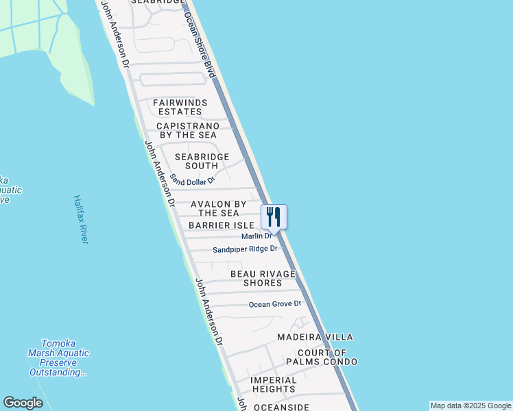 map of restaurants, bars, coffee shops, grocery stores, and more near 3070 Ocean Shore Boulevard in Ormond Beach