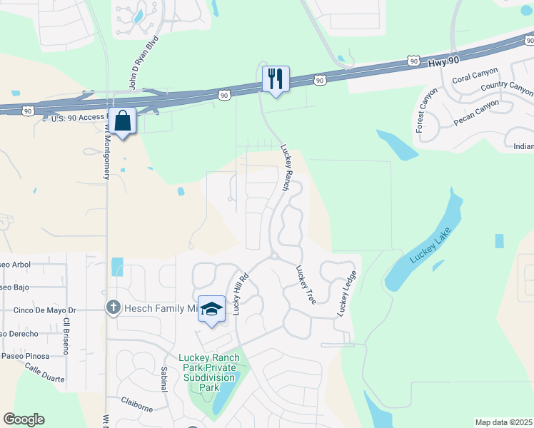 map of restaurants, bars, coffee shops, grocery stores, and more near 11854 Luckey Vista in San Antonio