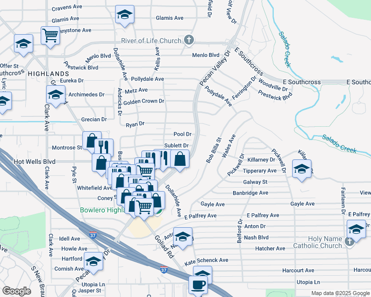 map of restaurants, bars, coffee shops, grocery stores, and more near 343 Sublett Drive in San Antonio