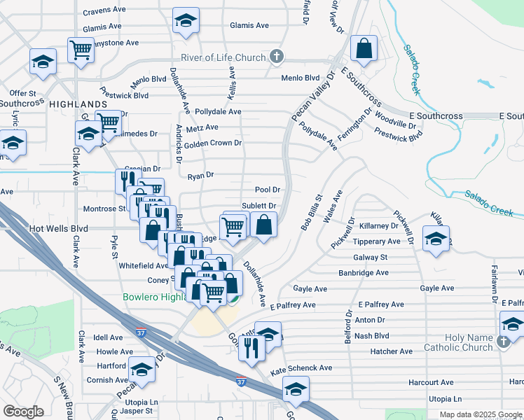 map of restaurants, bars, coffee shops, grocery stores, and more near 311 Sublett Drive in San Antonio