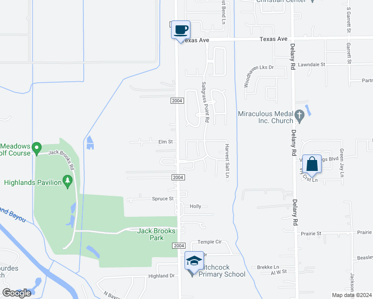 map of restaurants, bars, coffee shops, grocery stores, and more near 921 Fletcher Hills Court in Hitchcock
