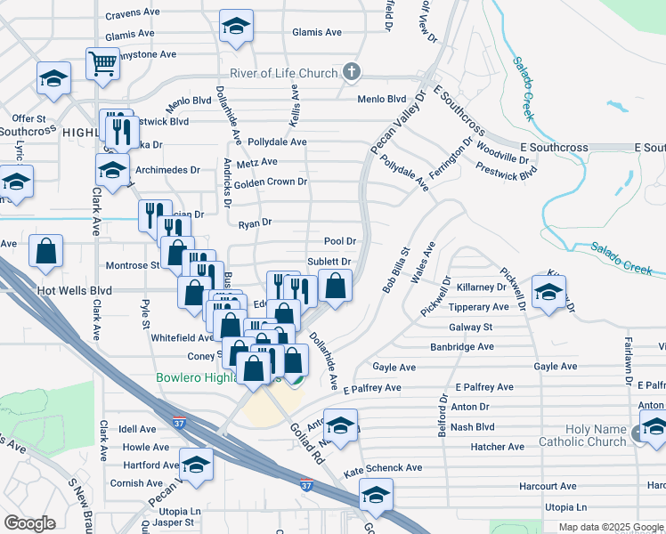 map of restaurants, bars, coffee shops, grocery stores, and more near 311 Sublett Drive in San Antonio
