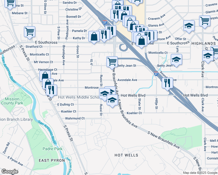 map of restaurants, bars, coffee shops, grocery stores, and more near 427 Montrose in San Antonio