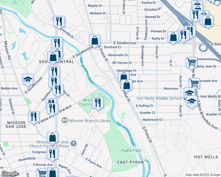 map of restaurants, bars, coffee shops, grocery stores, and more near 926 VFW Boulevard in San Antonio