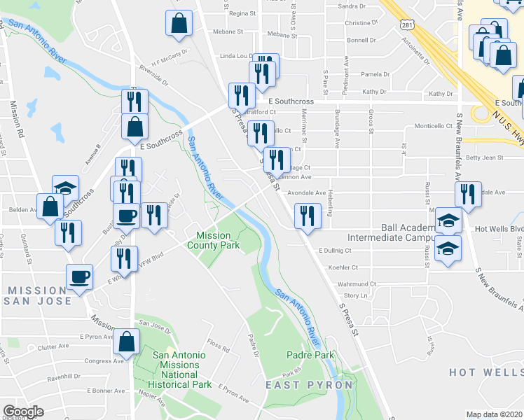 map of restaurants, bars, coffee shops, grocery stores, and more near 926 VFW Boulevard in San Antonio