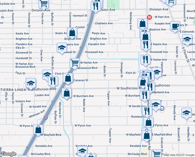map of restaurants, bars, coffee shops, grocery stores, and more near 431 Canavan Avenue in San Antonio