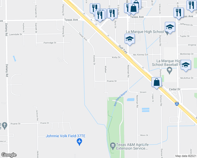 map of restaurants, bars, coffee shops, grocery stores, and more near 4322 Prairie Street in La Marque